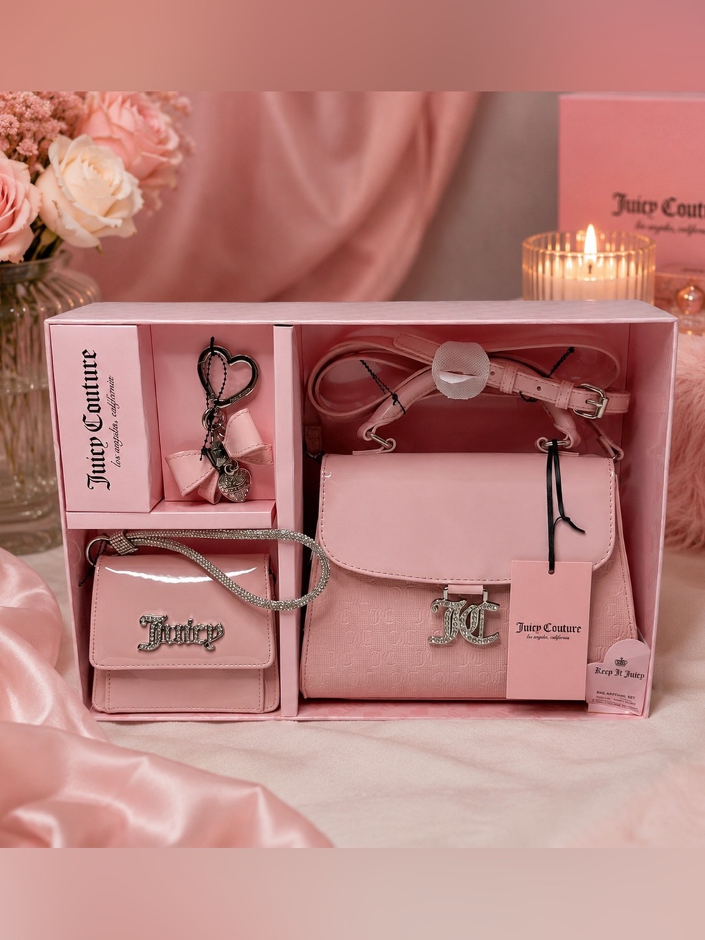 NWT Juicy Couture 3 Pc Pink Satchel Crossbody Wallet & Charm Gift Set